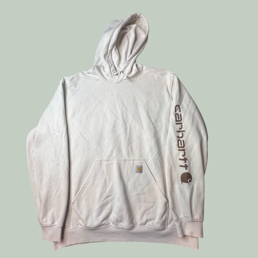 Carhartt Hoodie Mens 2XL Loose Fit K288 W03 Cream Sleeve Graphic Logo Pullover